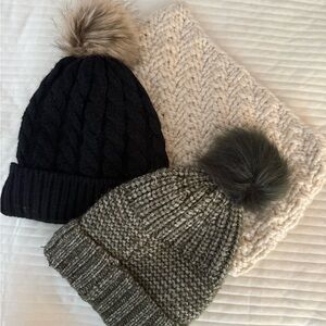 Cozy Knit Beanie Set with Pom Poms & hand made infinity scarf